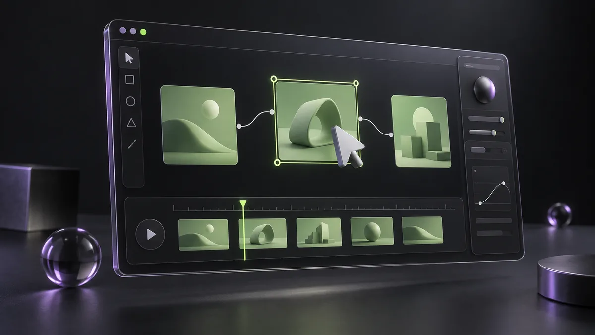 A floating design workspace with a cursor and editing timeline
