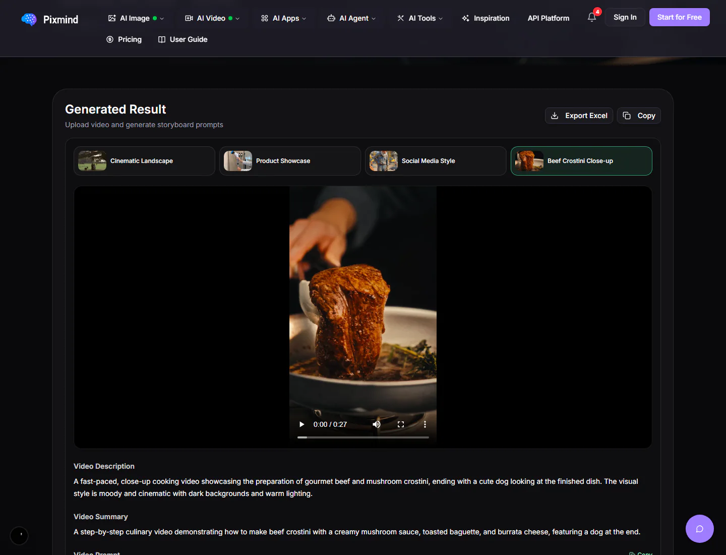 Choose an example and review its source video, description, and summary