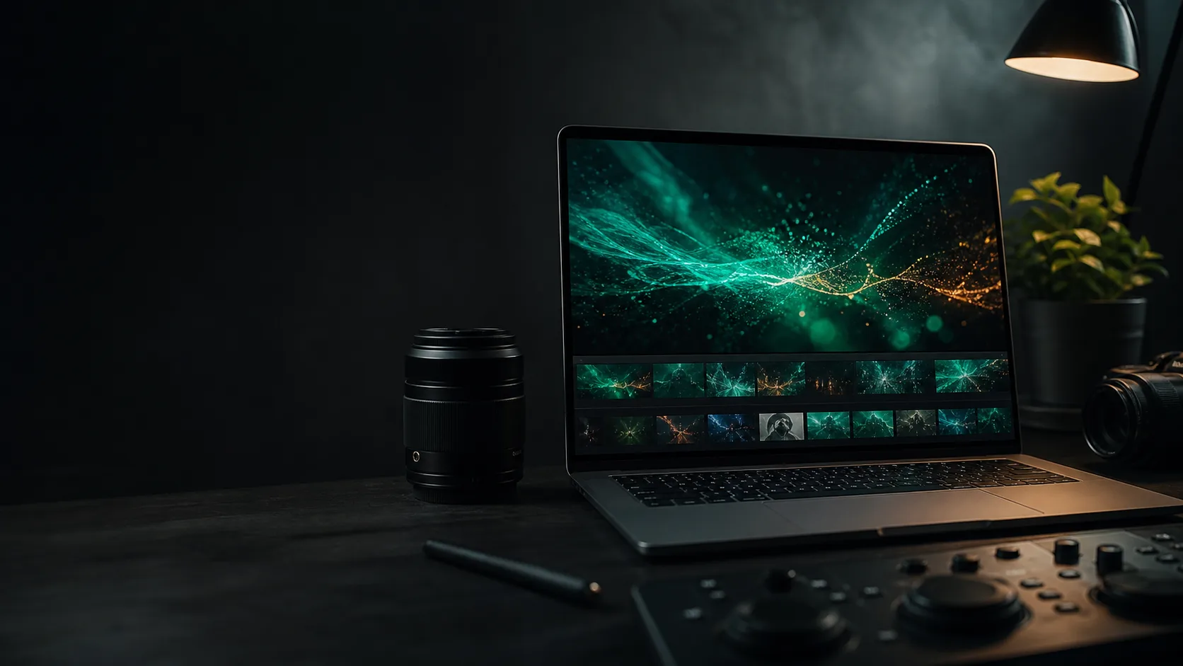 Cinematic AI video analysis desk with storyboard frames and editing equipment