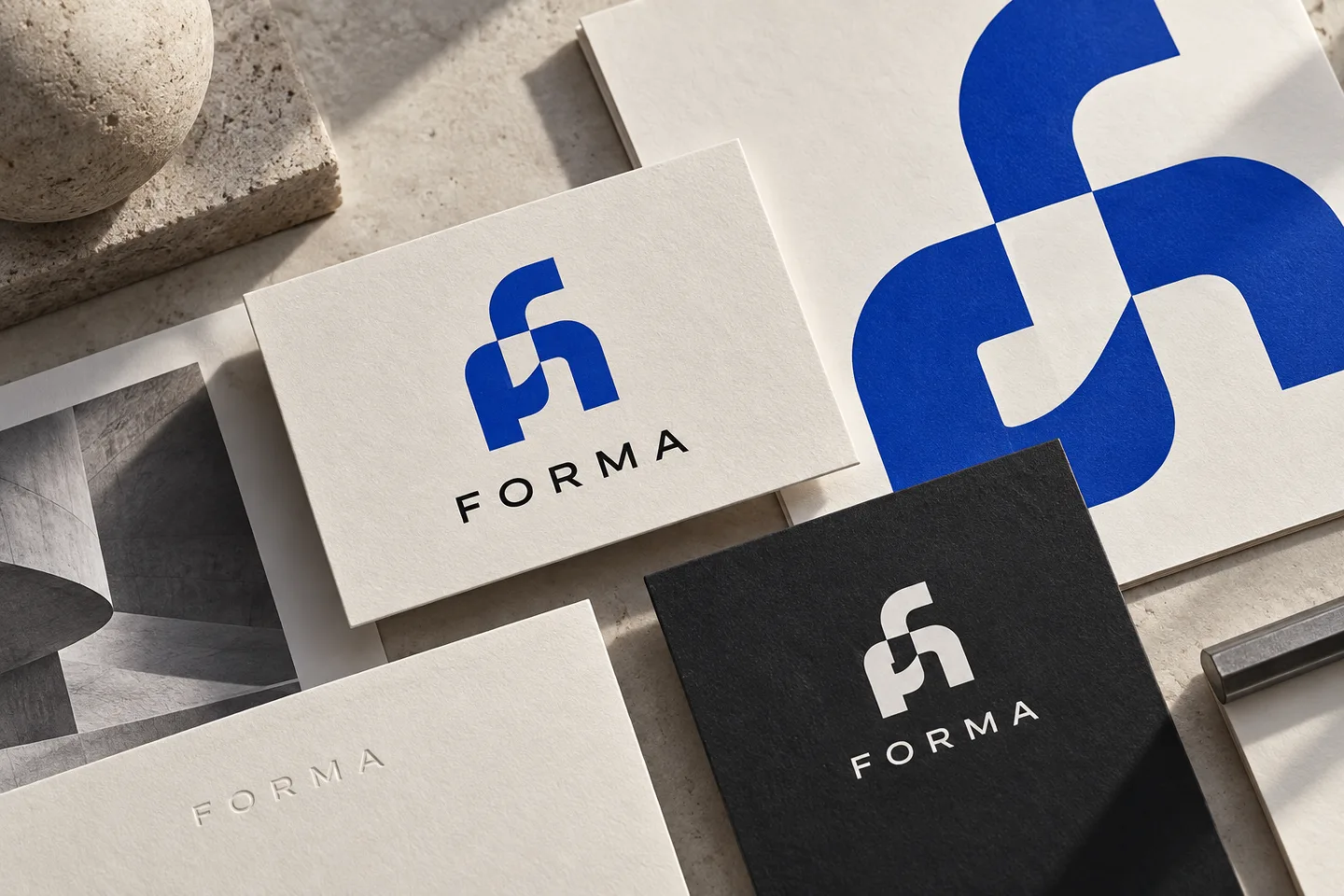 FORMA brand identity with blue monogram and printed stationery