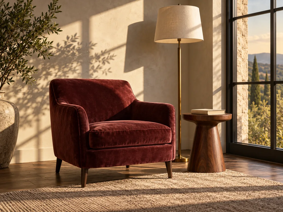 Silla de lectura de color burdeos junto a una mesa de nogal y una ventana alta con una cálida luz de la tarde