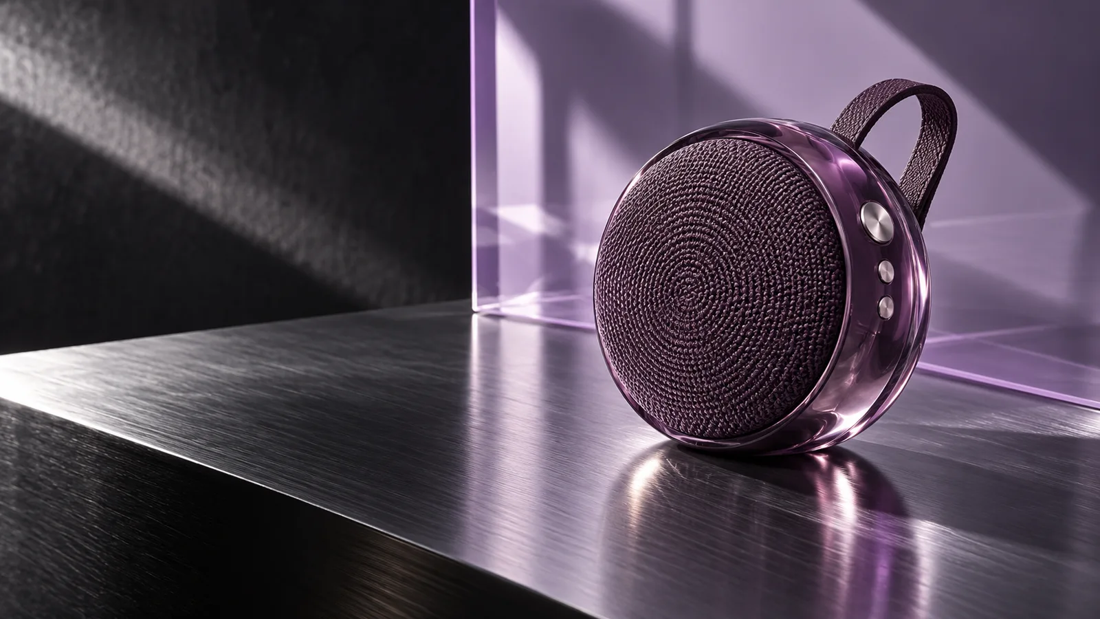 Altavoz portátil morado sobre metal cepillado con acrílico lila y luz de estudio direccional