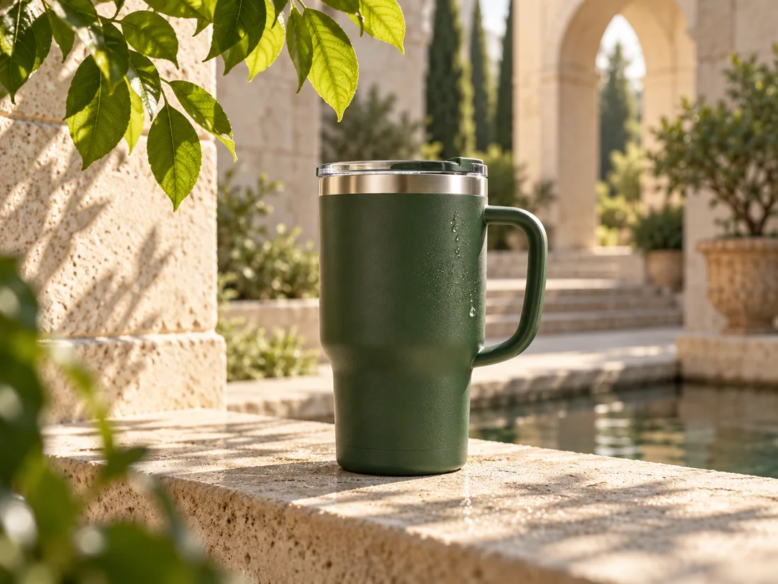 Taza de viaje con mango verde sobre una cornisa de piedra caliza con sombras de hojas iluminadas por el sol