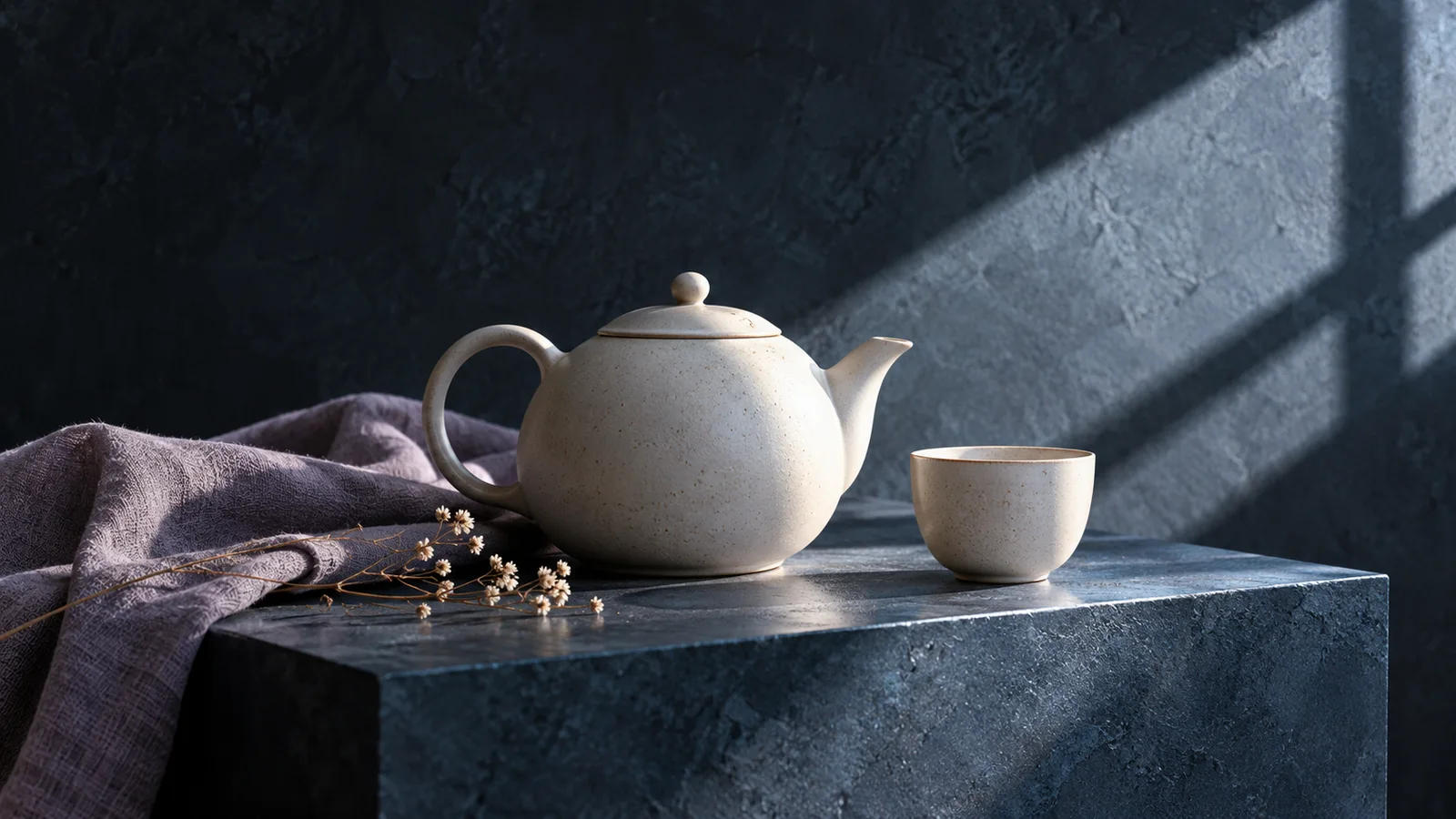 Tetera y taza de cerámica marfil sobre piedra azul pizarra con lino lavanda y luz de ventana diagonal