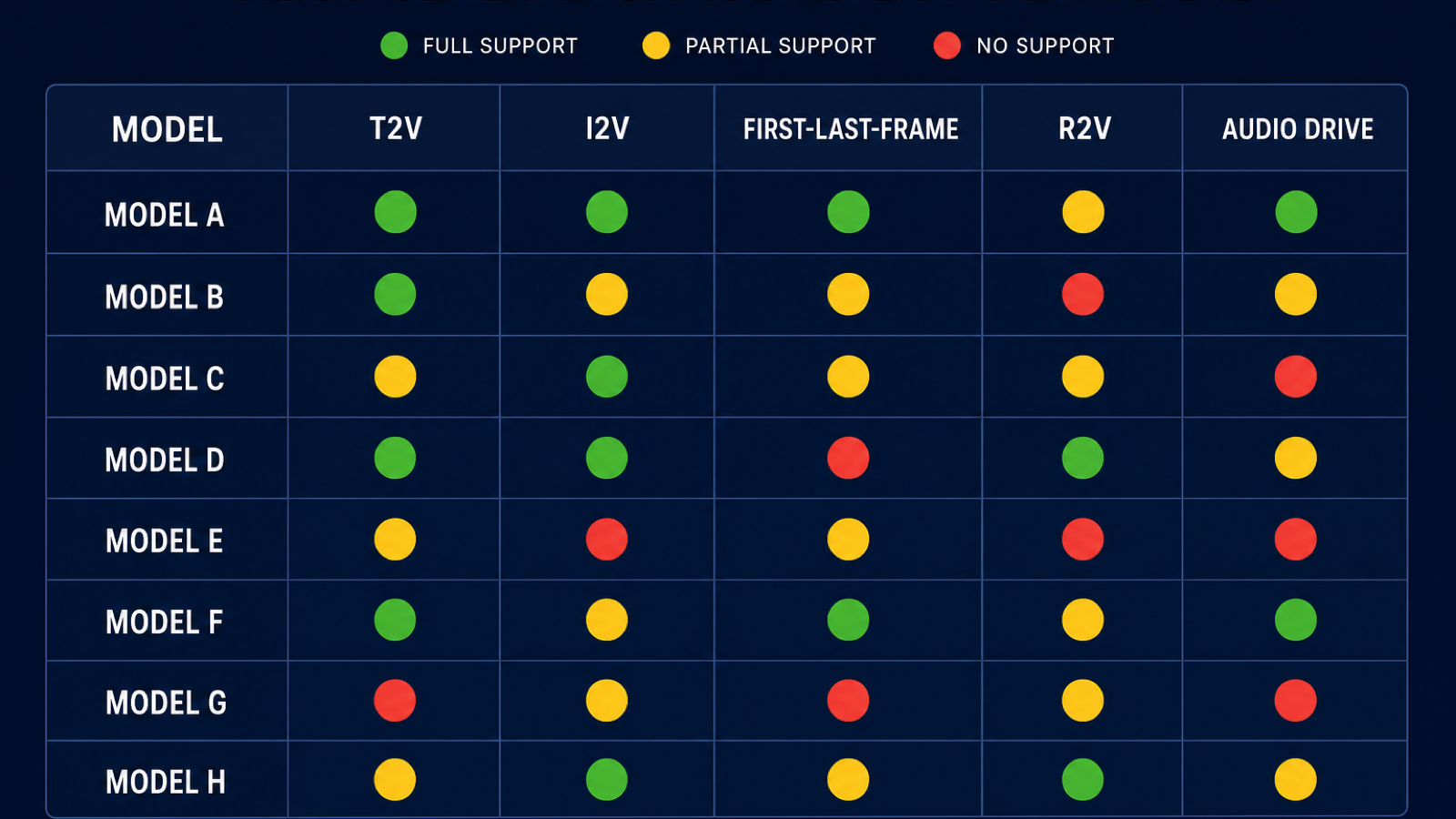 Matrice : Tableau comparatif avec huit lignes de modèles étiquetées Modèle A à Modèle H et cinq colonnes de capacités montrant T2V, I2V, First-Last-Frame, R2V et Audio Drive, avec des cellules vertes, jaunes et rouges indiquant un support complet, partiel et inexistant sur un fond bleu marine foncé avec des étiquettes blanches.