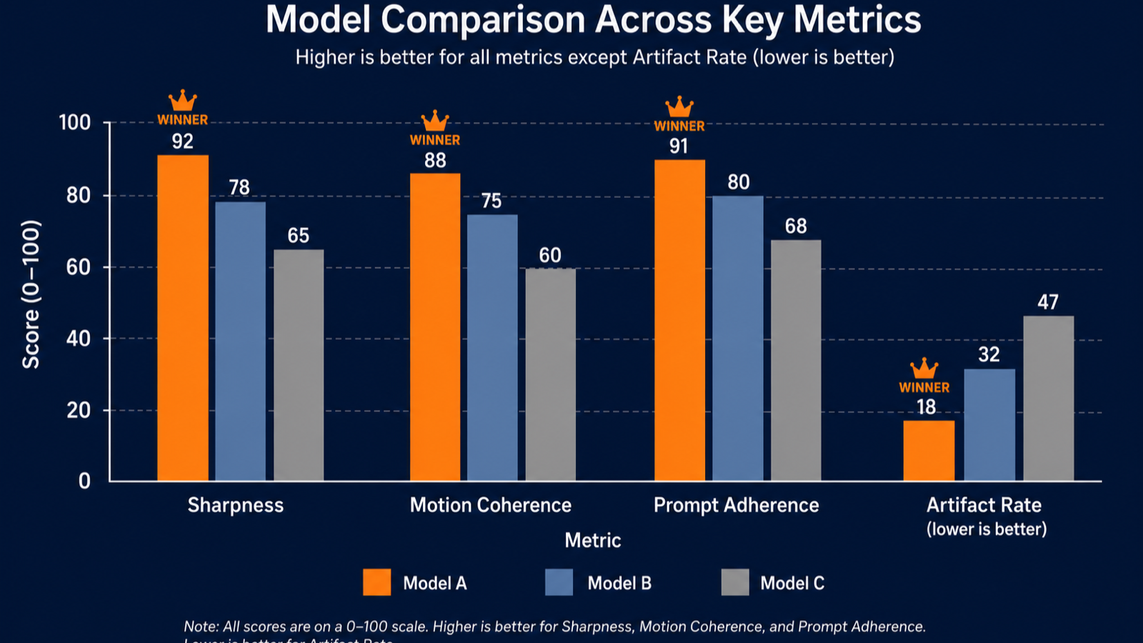 Grouped bar chart comparing three models labeled A, B, and C across four metrics: Sharpness, Motion Coherence, Prompt Adherence, and Artifact Rate, with model A highlighted in orange and the other two in muted blue and gray.