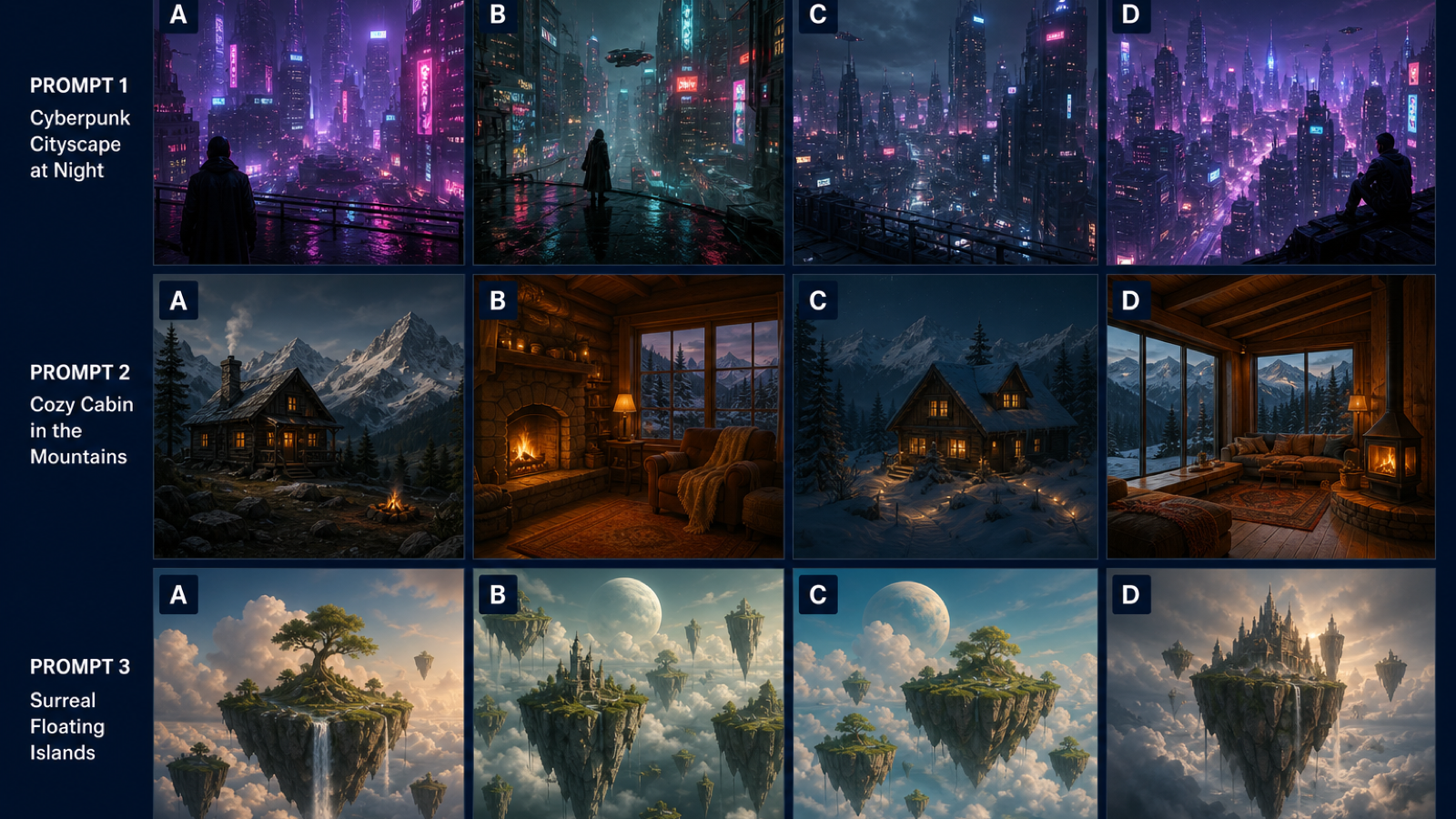Grid of 3 prompts × 4 model stills as a benchmark contact sheet, with rows labeled Cinematic, Product, Character, and columns labeled Model A through Model D.