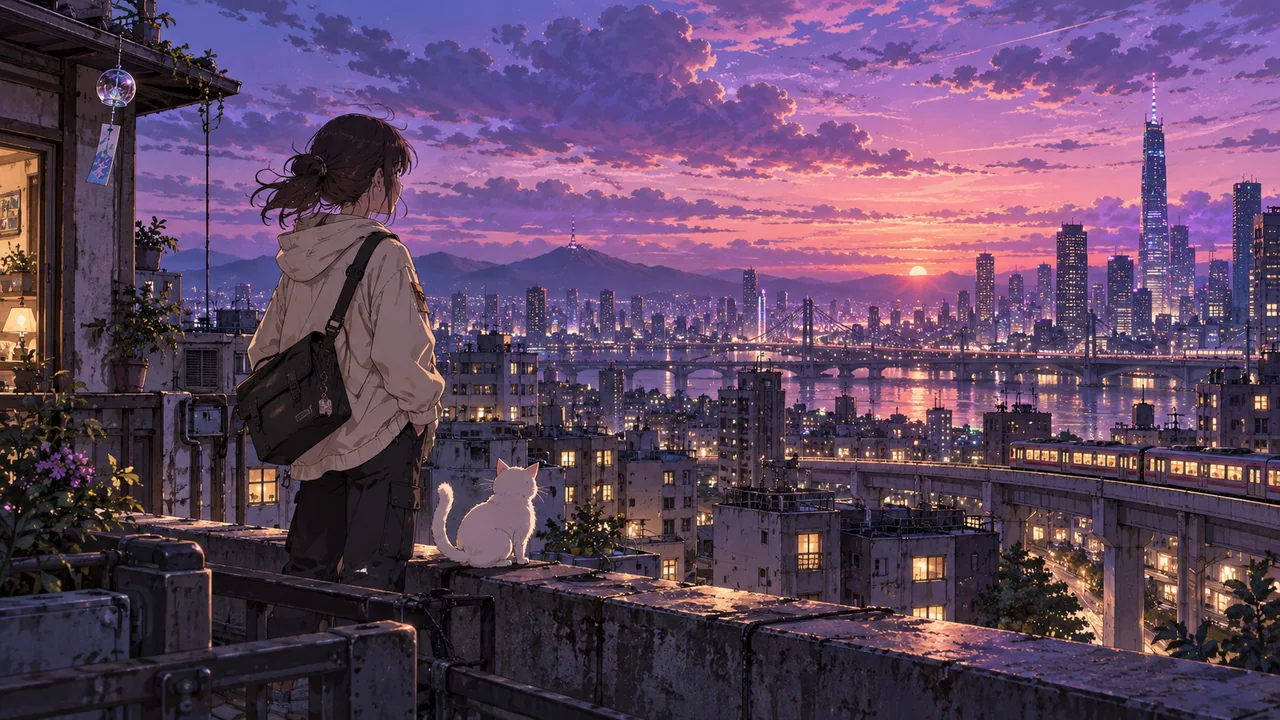紫色黄昏中,原创动漫信使与白猫在屋顶眺望细节丰富的城市